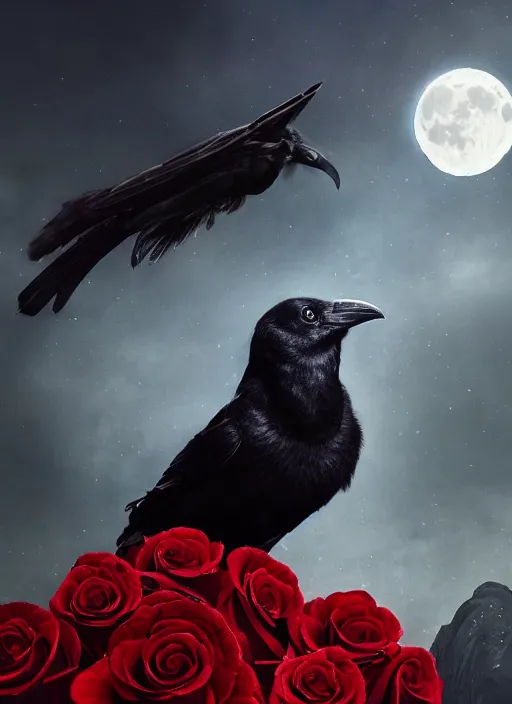 Image similar to portrait, A crow with red eyes in front of the full big moon, book cover, red roses, red white black colors, establishing shot, extremly high detail, foto realistic, cinematic lighting, by Yoshitaka Amano, Ruan Jia, Kentaro Miura, Artgerm, post processed, concept art, artstation, raphael lacoste, alex ross, portrait, A crow with red eyes in front of the full big moon, book cover, red roses, red white black colors, establishing shot, extremly high detail, foto realistic, cinematic lighting, by Yoshitaka Amano, Ruan Jia, Kentaro Miura, Artgerm, post processed, concept art, artstation, raphael lacoste, alex ross