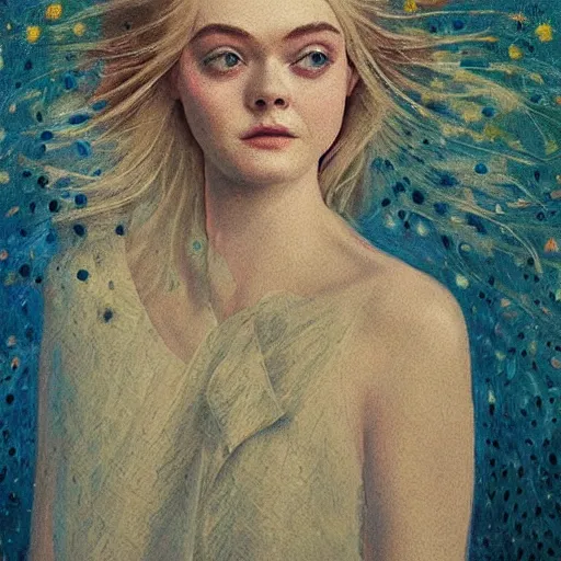 Prompt: professional painting of Elle Fanning in the style of Mordecai Ardon, head and shoulders portrait, symmetrical facial features, smooth, sharp focus, illustration, intricate, stormy weather, extremely detailed masterpiece,