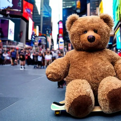 Prompt: A photo of a teddy bear on a skateboard in Times Square