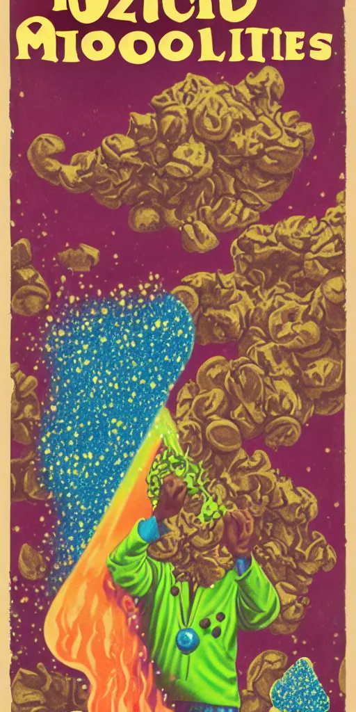 Image similar to pulp cover of a magical chocolate chunks cookie, wizard, fantasy, tetrahydrocannabinol, thc, hallucination, colored smoke, sparkles, sativa, indica, illustration, 5 0 s, risography,