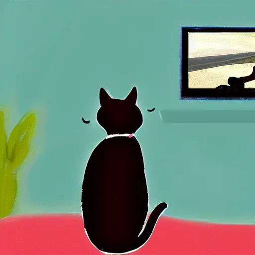 Prompt: cat sitting on sofa watching TV in night, digital art