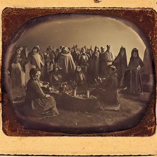 Prompt: 1800s daguerreotype of a group of people in occult costumes performing a ritual at night at stonehenge. a UFO is overhead