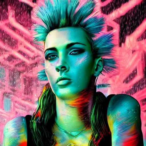 Image similar to splashes of neon clouds, mowhawk, punk women portrait made out of paint with rain in the background, trending on artstation, epic composition, emotional, beautiful, rendered in octane, highly detailed, realistic, comic book art, sharp focus, matte painting, unreal engine