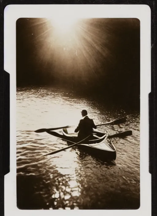 Image similar to a man rowing a rowboat, flash polaroid photo by george hurrell, hazy light rays