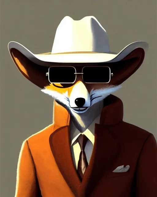 Prompt: close up anthropomorphic art of a fox wearing a white suit, white cowboy hat, and aviator sunglasses, smoking a cigar, artstation. highly detailed digital painting, smooth, global illumination, fantasy art by greg rutkowsky, karl spitzweg