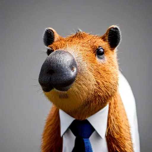 Image similar to a high detail photo of an antropomorphic capybara wearing a suit, subject= duck, subject detail: wearing a suit, photorealism