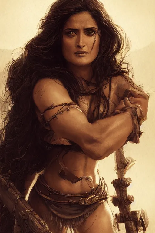 Image similar to portrait, toned Salma Hayek , barbarian , face portrait, raphael lacoste, eddie mendoza, alex ross, concept art, matte painting, highly detailed, rule of thirds, dynamic lighting, cinematic, detailed, denoised, centerd