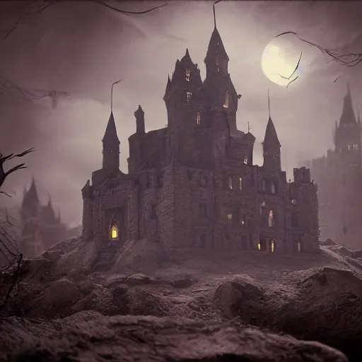 Image similar to a lovecraftian horror castle scene, cinematic, arstation, detailed, octane,