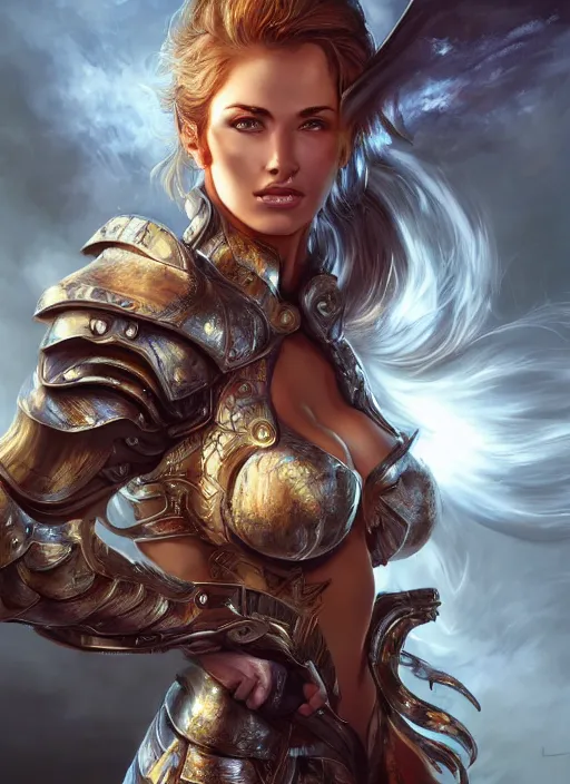 Prompt: a higly detailed airbrush full body shot and face portrait painting of a sensual paladin female character, dynamic lighting, ambient lighting, deviantart, art by artgerm and simon bisley and karol bak