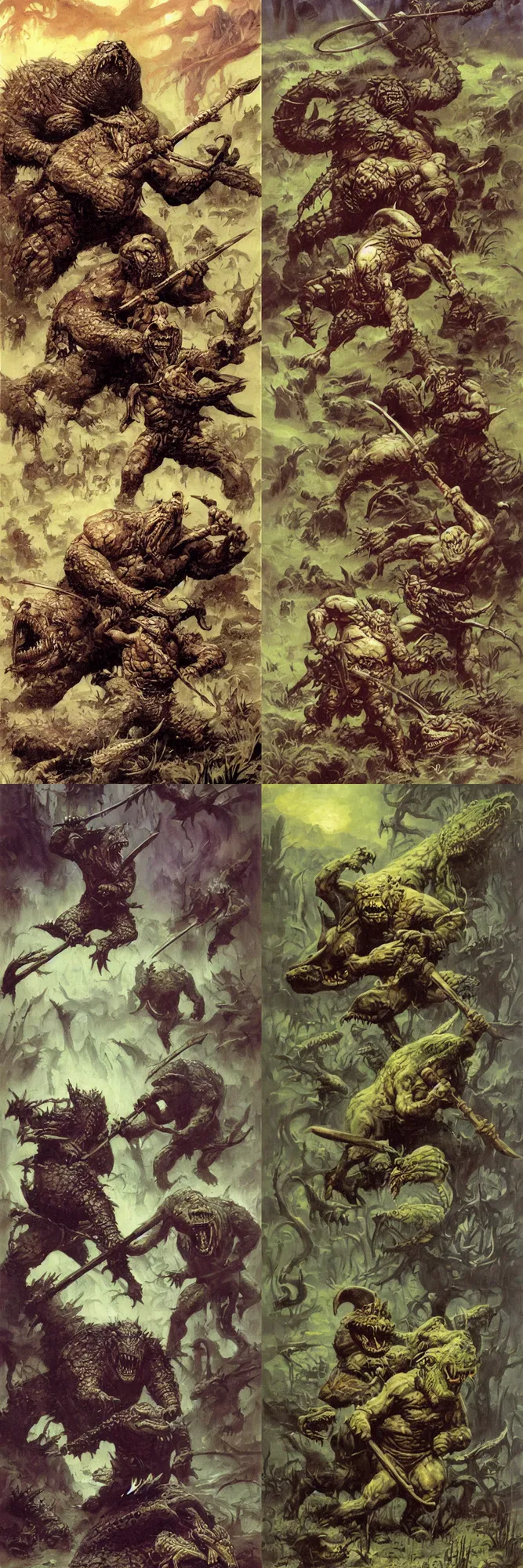 Prompt: dwarf with battle axe fights the alligator demon in misty swamp, illustration painting, frank frazetta daarken