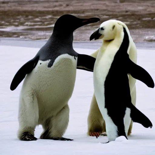 Image similar to a penguin fighting a polar bear