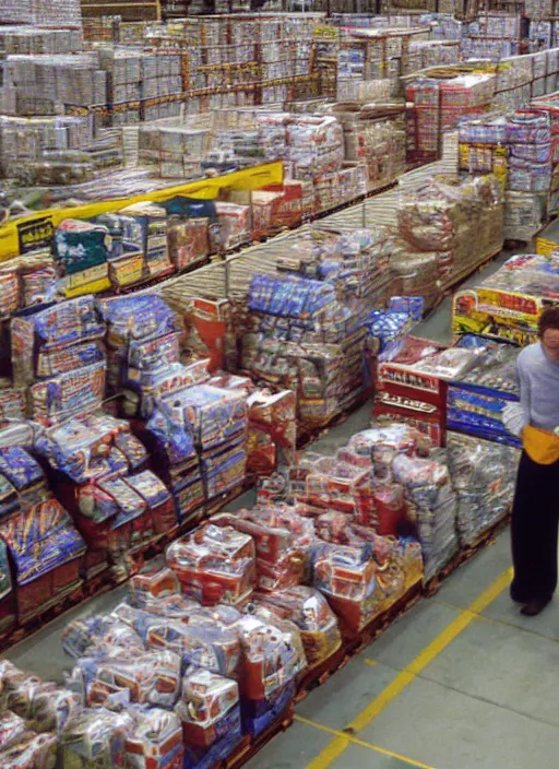 Image similar to first person view. walking through a costco in 1 9 9 7. looking at hands arranged in the shape of a gossett