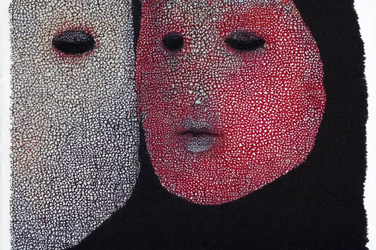 Image similar to face made out of worry, faceless people dark, dots, drip, stipple, pointillism, technical, abstract, minimal, style of francis bacon, asymmetry, pulled apart, cloak, hooded figure, made of dots, abstract, balaclava, colored dots