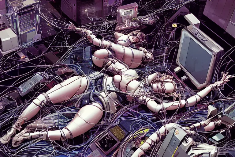 Image similar to a finely composed cyberpunk illustration of a group of female androids in style of hajime sorayama, lying on an abstract, empty, white floor with their body parts scattered around and cables and wires coming out, by katsuhiro otomo and masamune shirow, hyper-detailed, intricate, colorful, view from above, wide angle, close up, beautiful