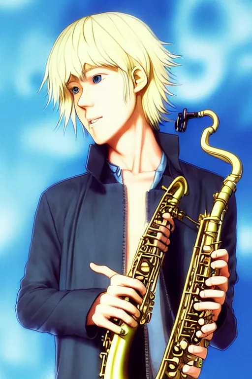 Image similar to wide view of a hippie Blonde Guy Short Hair Sharp fine face playing sax, pretty face, realistic shaded Perfect face, fine details. Anime. by makoto sinkai, katsuhiro otomo ghost in the shell movie scene, magali villeneuve, artgerm, rutkowski