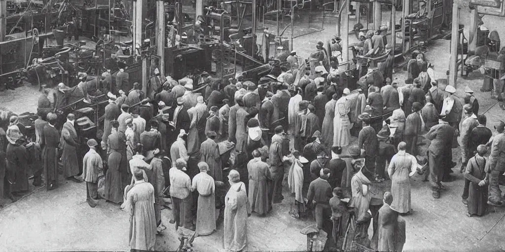 Image similar to people gathered around a machine that makes, 1 9 0 0 s photograph