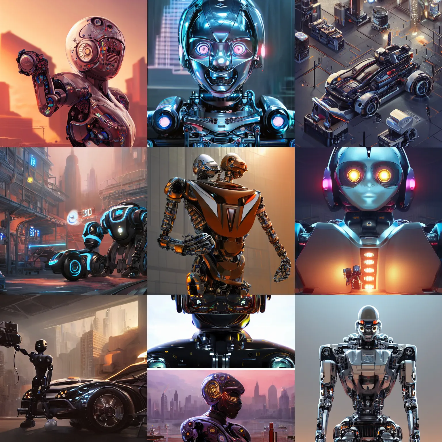 Prompt: a humanoid robot building cars, symmetrical, intricate, epic lighting, cinematic composition, hyper realistic, 8 k resolution, unreal engine 5, by artgerm, tooth wu, dan mumford, beeple, wlop, rossdraws, james jean, marc simonetti, artstation