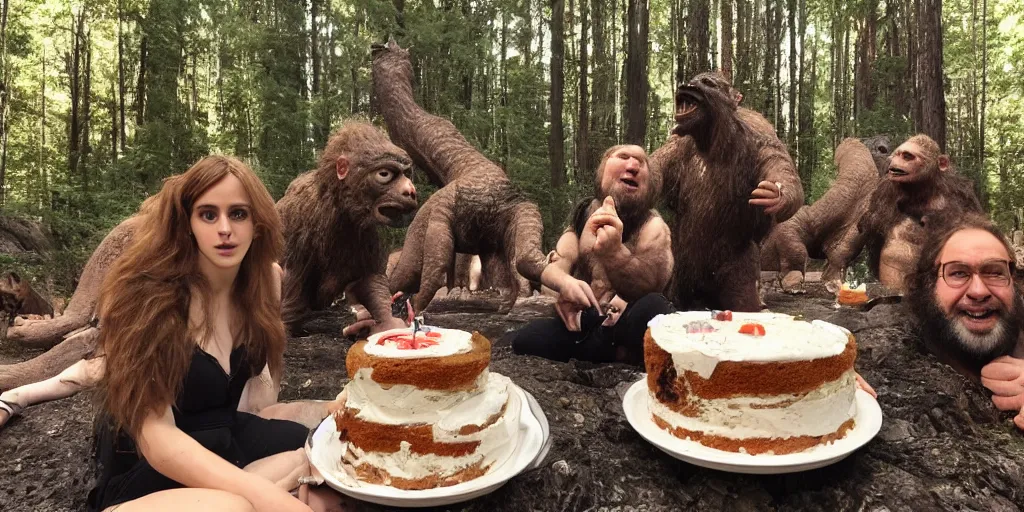 Image similar to photo, three hairy fat neanderthal people, emma!! watson!!, eating outside, surrounded by dinosaurs!, gigantic forest trees, sitting on rocks, bright moon, birthday cake on the ground, front view