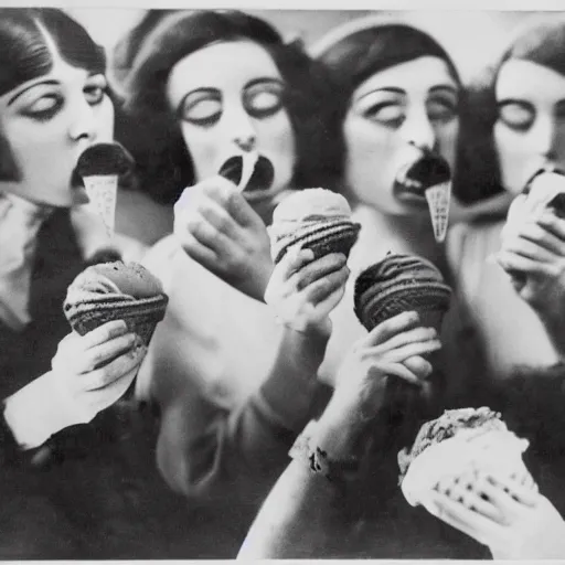 Image similar to Women from the 1920s wearing a man's suit eating ice cream, looking up at the clouds