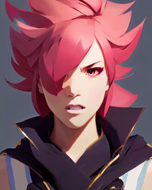 Image similar to vi from league of legends, detailed perfect face, exquisite details, fire magic, mid view, design on a white background, by studio muti, greg rutkowski makoto shinkai takashi takeuch studio ghibli