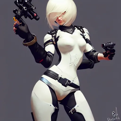 Prompt: greg manchess painting of a 2 yorha type a no. 2 as overwatch character!! with a drone!, white long hair, organic painting, trending on artstation, by huang guangjian and gil elvgren and sachin teng
