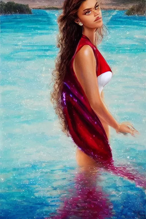 Prompt: beautiful elegant full body portrait of lexi rivera with color streaks in hair and wearing a sparkling cherry color one piece swimsuit and iridescent white silk cape, nina agdal, wlop, artgerm, artstation, backlit, water, reflective