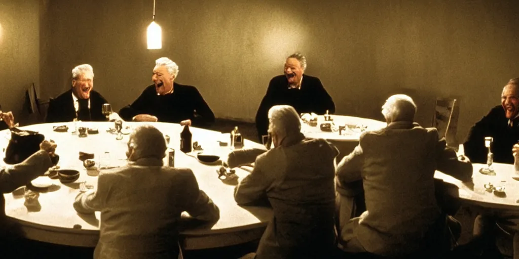 Prompt: film still of old men laughing!!!! sitting at a round table eating living frogs, directed by david lynch and federico fellini, backlighting