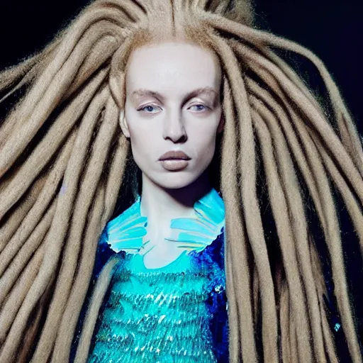 Image similar to intricate detail, haute couture, iris van herpen, mugler, alexander mcqueen, techno mystic, inanna ashteroth with aqua neon rapunzel dreadlocks, nautical siren, princess intergalactica, gateway to futurisma