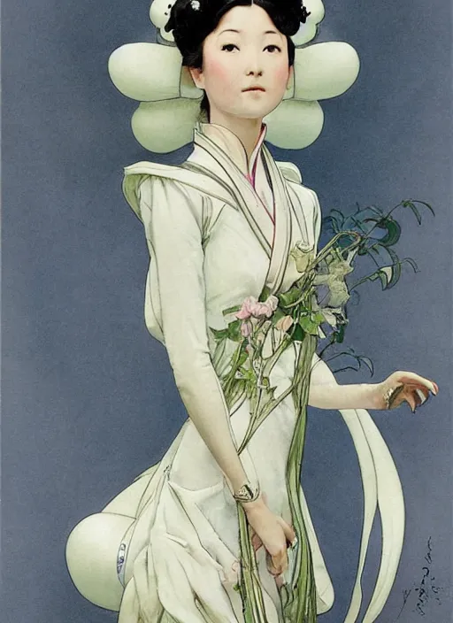 Image similar to a copic maker art nouveau portrait of a japanese girl detailed features wearing a puffy futuristic weeding dress designed by balenciaga by john berkey, norman rockwell akihiko yoshida