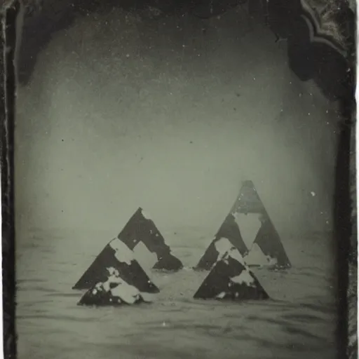 Image similar to tintype photo, underwater, pyramids falling down