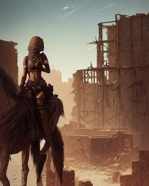 Image similar to female desert stalker, lonely rider, covered head, post - apocalyptic ruins | | realistic shaded, fine details, realistic shaded lighting poster by greg rutkowski, diego gisbert llorens, magali villeneuve, artgerm, jeremy lipkin and rob rey