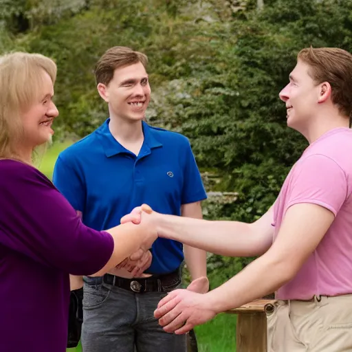Prompt: jerma985 shaking hands with Cathy Mitchell, wide shot, 4k, professional photography, detailed, film still