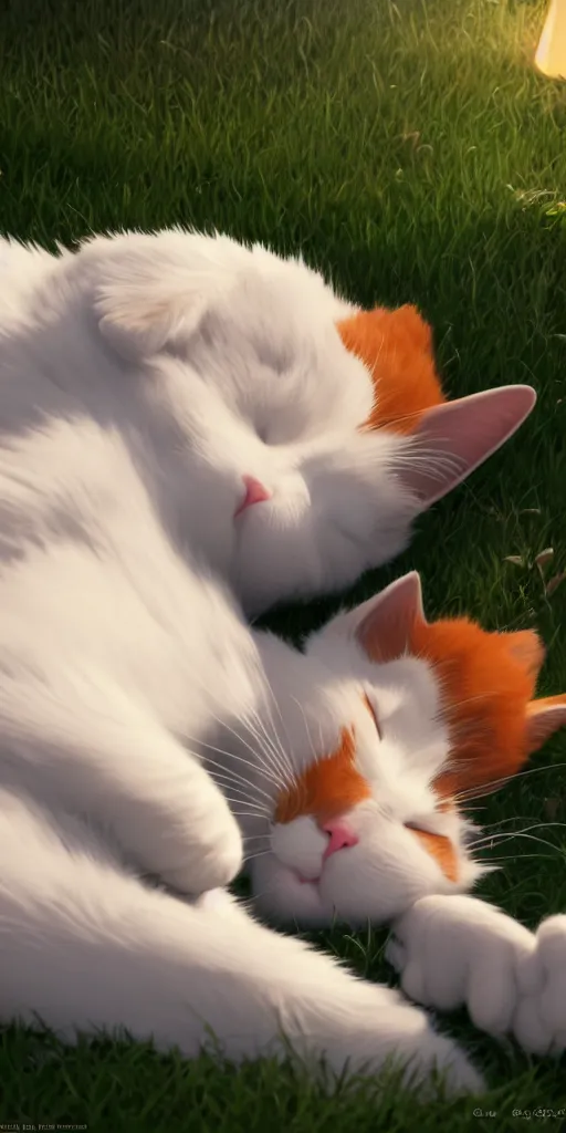 Image similar to a wholesome animation key shot of a ginger and white cat sleeping, close up, studio ghibli, pixar and disney animation, sharp, rendered in unreal engine 5, clear sky, anime key art by greg rutkowski, bloom, dramatic lighting