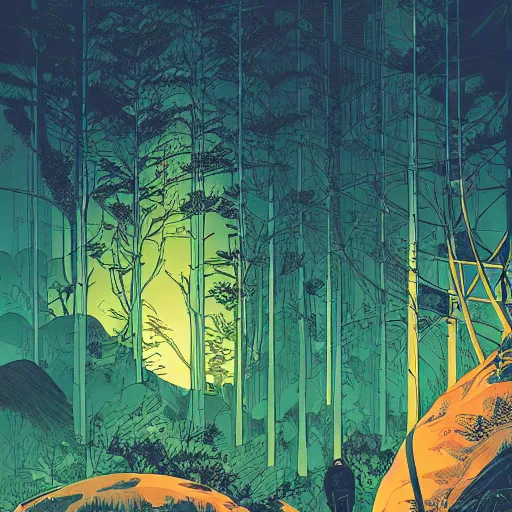 Image similar to Stunning illustration of single cyberpunk explorer overlooking lush forest , highly detailed, sunset, by Victo Ngai and James Gilleard , Moebius, Laurie Greasley