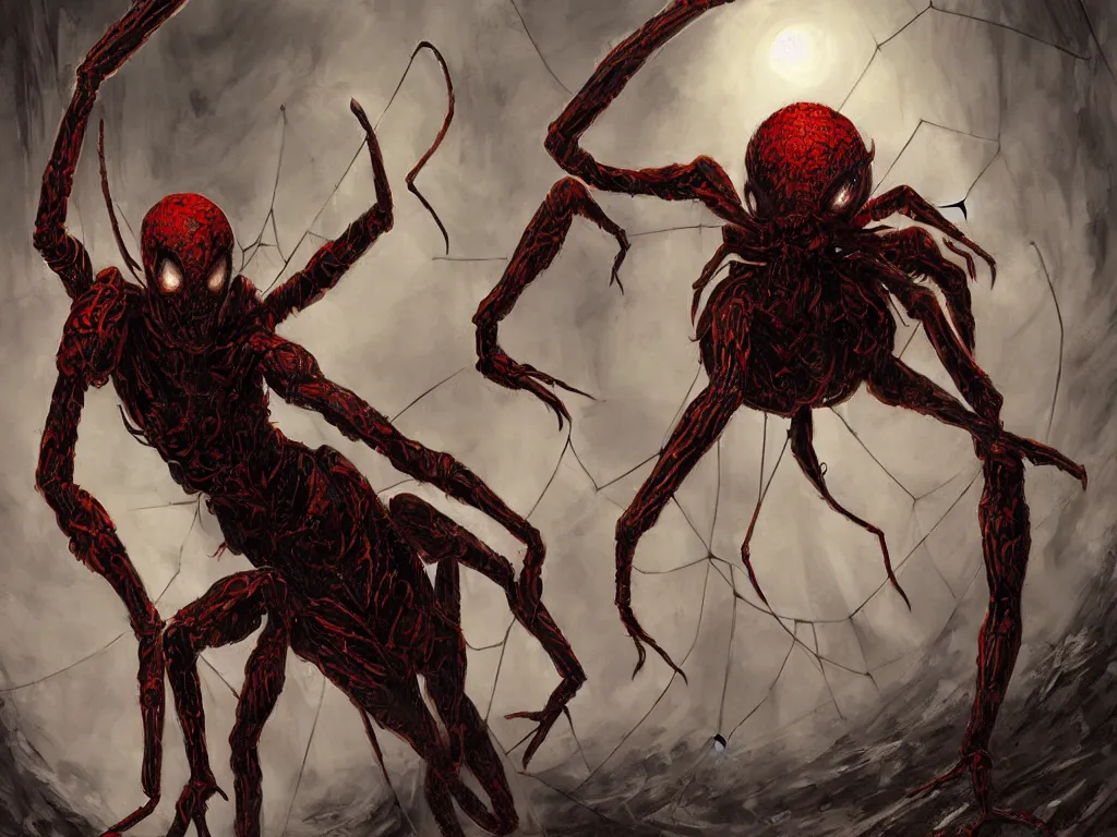 Prompt: A masterpiece portrait painting of a warrior arachne creature. It has a human head and spider legs. The creature is in the foreground against a contrasting background. Original artwork for a legendary planeswalker in magic the gathering. Award winning, very detailed, dramatic lighting, red and black color palette