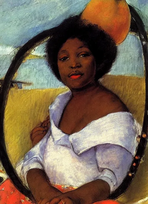 Prompt: vintage beautiful painting of a beautiful black woman sitting on a giant pear in the middle of the ocean in Mary Cassatt style