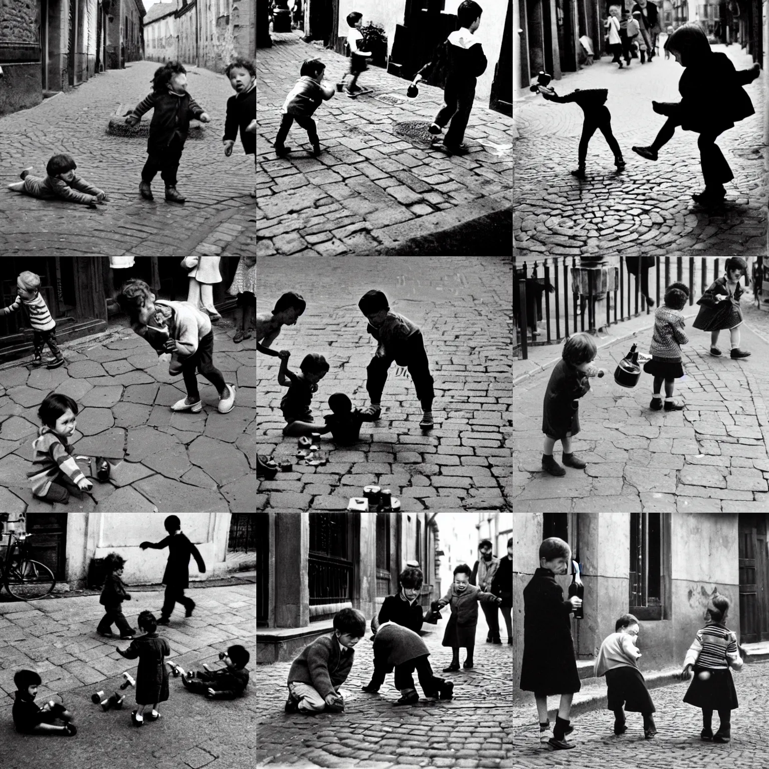 Prompt: street photo of kids playing with wine bottles. cobblestone. black and white. by henri cartier bresson