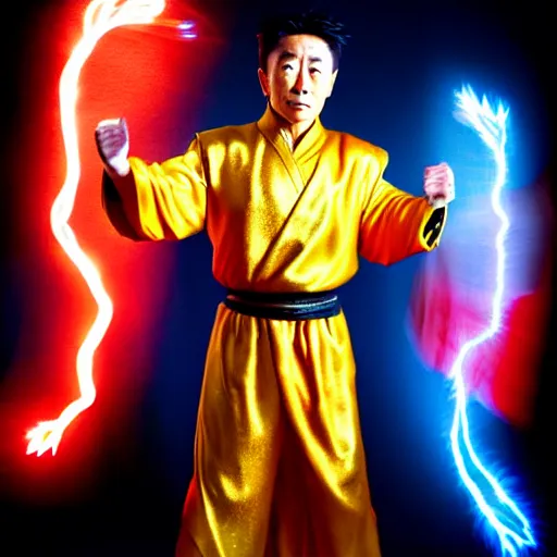 Image similar to uhd candid photo of cosmic jet li as a super sayian powering up, glowing, global illumination, studio lighting, radiant light, hyperdetailed, correct face, elaborate intricate costume. photo by annie leibowitz