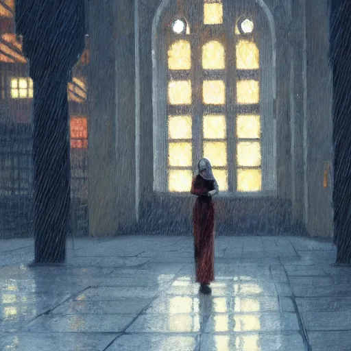 Image similar to detailed face of a woman, moment, courtyard, capital, cyberpunk mosque interior, control panel, watcher, omniscient, tech noir, wet reflections, impressionism, atmospheric, ambient, speed painting, livia prima, greg rutkowski, edward hopper