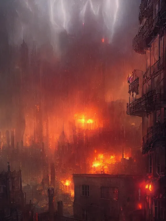 Prompt: photo of 8k ultra realistic burning city of London, heavy storm, rain, full of colour, cinematic lighting, battered, trending on artstation, 4k, hyperrealistic, focused, extreme details,unreal engine 5, cinematic, masterpiece, art by Peter Mohrbacher