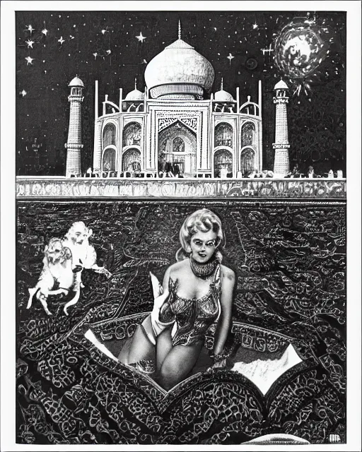 Prompt: tuesday weld visits the taj mahal by virgil finlay and mort kunstler, bbwchan