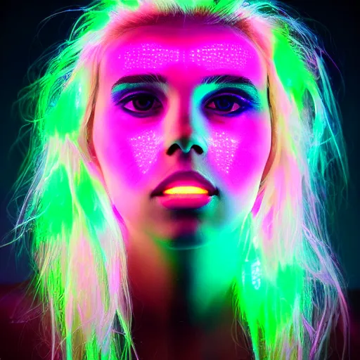 Prompt: Jellyfish glow hair, make-up, neon illuminated portrait, trending on artstation, award-winning art