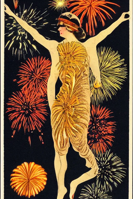 Prompt: anatomical illustration of fireworks, 1920s art deco, by Telemaco Signorini, vintage postcard, Hari-e collage by Masayasu Uchida