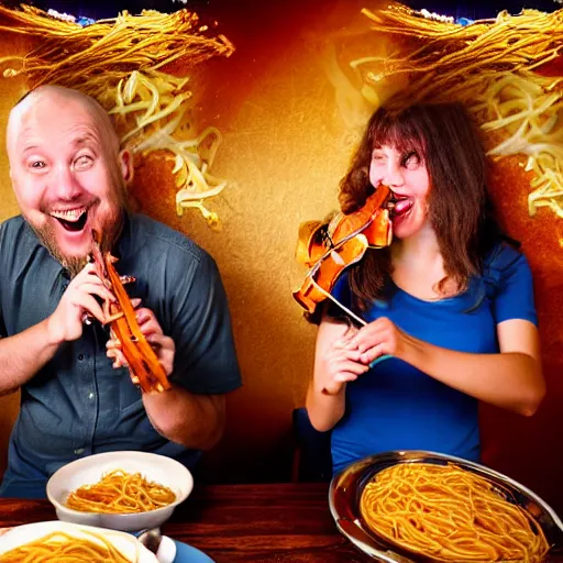 Prompt: laughing drunk people eating spaghetti and playing violins. highly detailed flash photography. fisheye lens