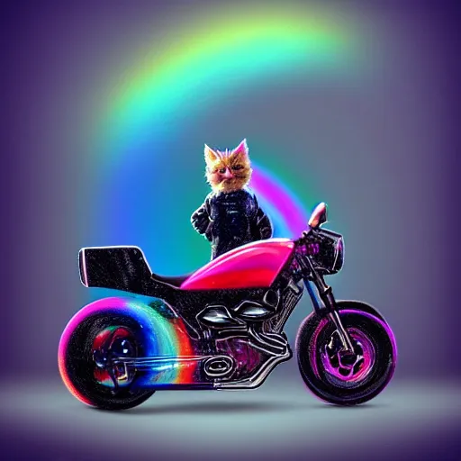 Image similar to wide angle full body, jacket wearing fluffy cute rainbow kitten wearing a black leather motorcycle jacket, riding on a motorcycle, cinematic concept art