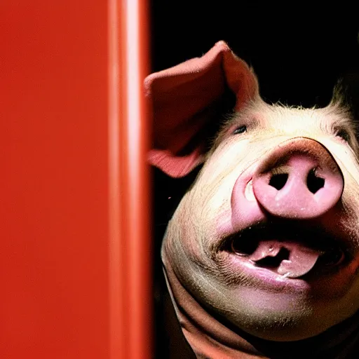 Image similar to creppy 2 0 0 3 photo of a pig masked man screaming in a dark red slaughterhouse