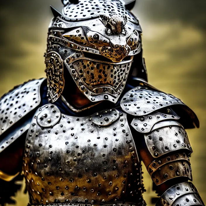 Prompt: photo of a warrior with metal jaguar themed armour, highly detailed, 4 k, hdr, smooth, sharp focus, high resolution, award - winning photo