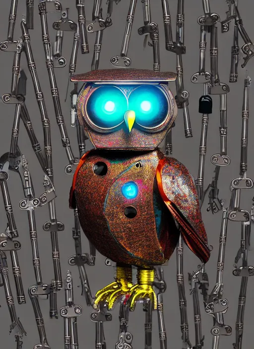 Image similar to colored pencil and pen drawing of an animatronic robot owl, bird made from rusty old keys and padlocks, space background, 8 k photorender realityengine