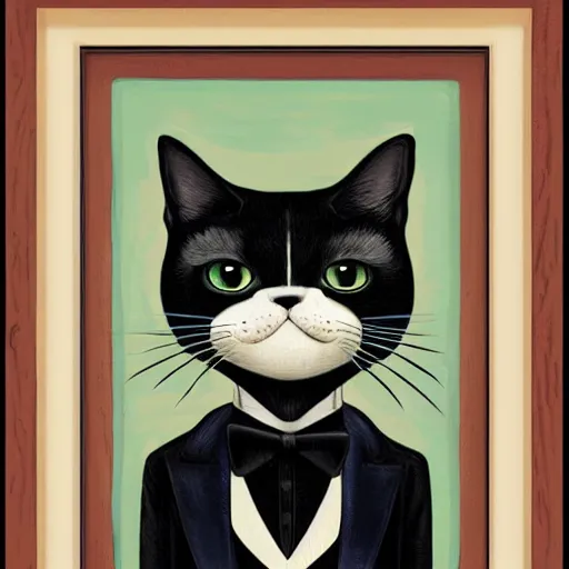 Image similar to portrait illustration of funny cat in the tuxedo by jeremiah ketner, quint buchholz, wlop, dan mumford