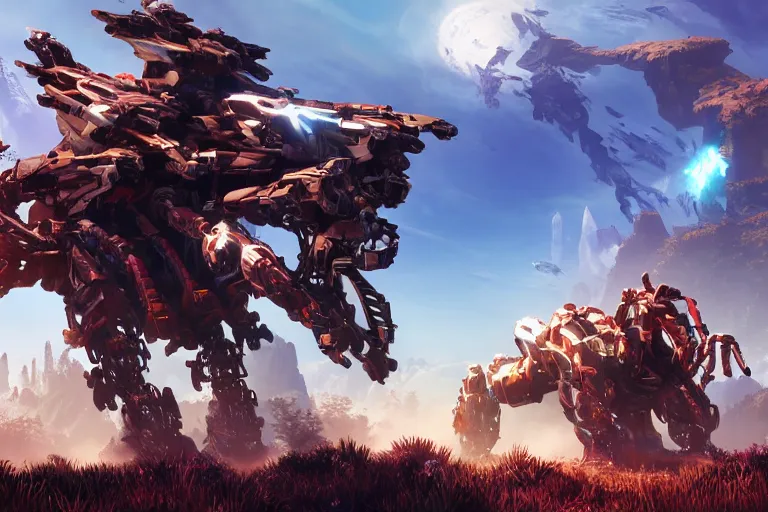 Image similar to strider machine mecha animal beast robot of horizon forbidden west horizon zero dawn bioluminiscence global illumination ray tracing hdr fanart arstation by sung choi and eric pfeiffer and gabriel garza and casper konefal